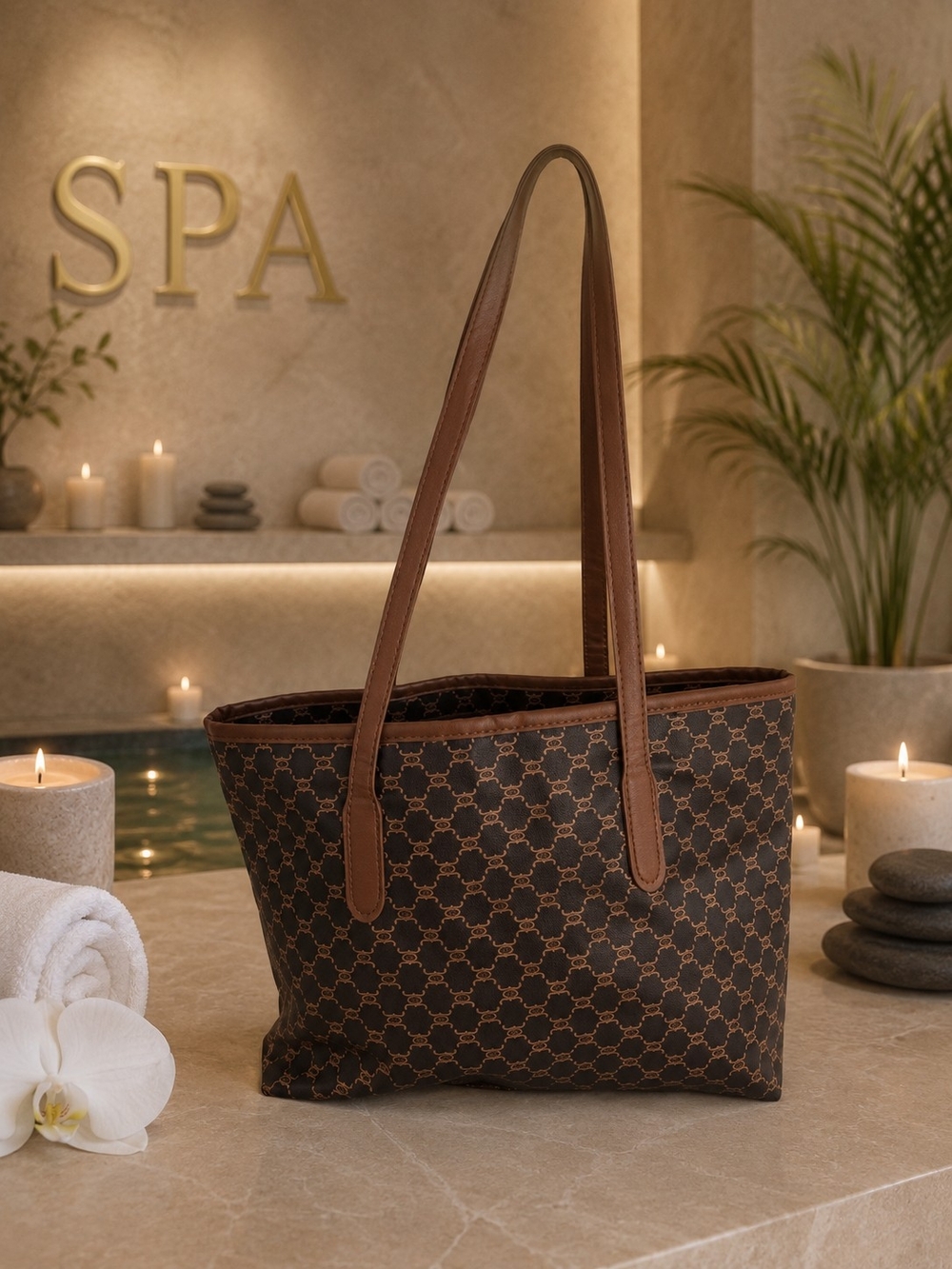 Brown Patterned Tote Bag with Long Shoulder Straps
